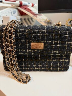 Badgley Mischka Black Tweed Crossbody with Gold Chain
